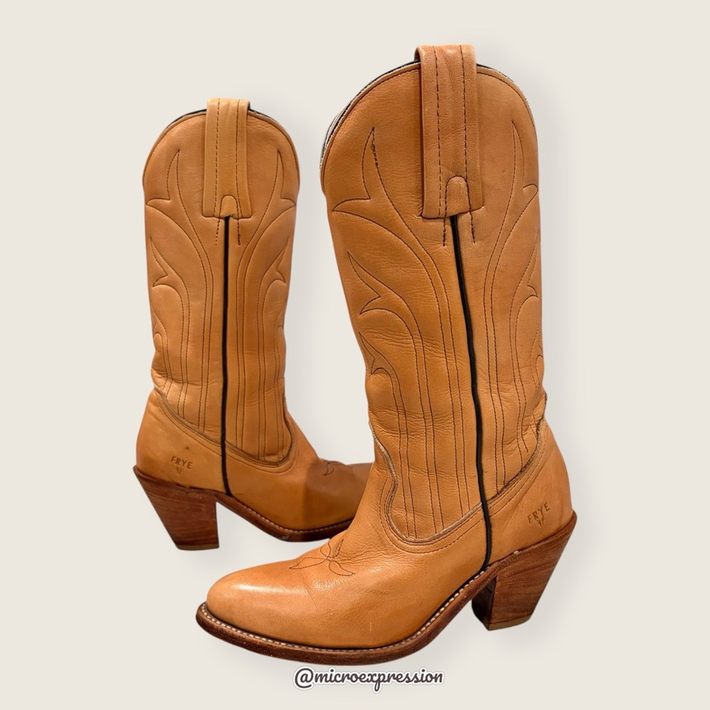 1980 VINTAGE Frye Leather PullOn Tan Cottagecore Embroidered Cowboy Western Boot - Picture 6 of 15